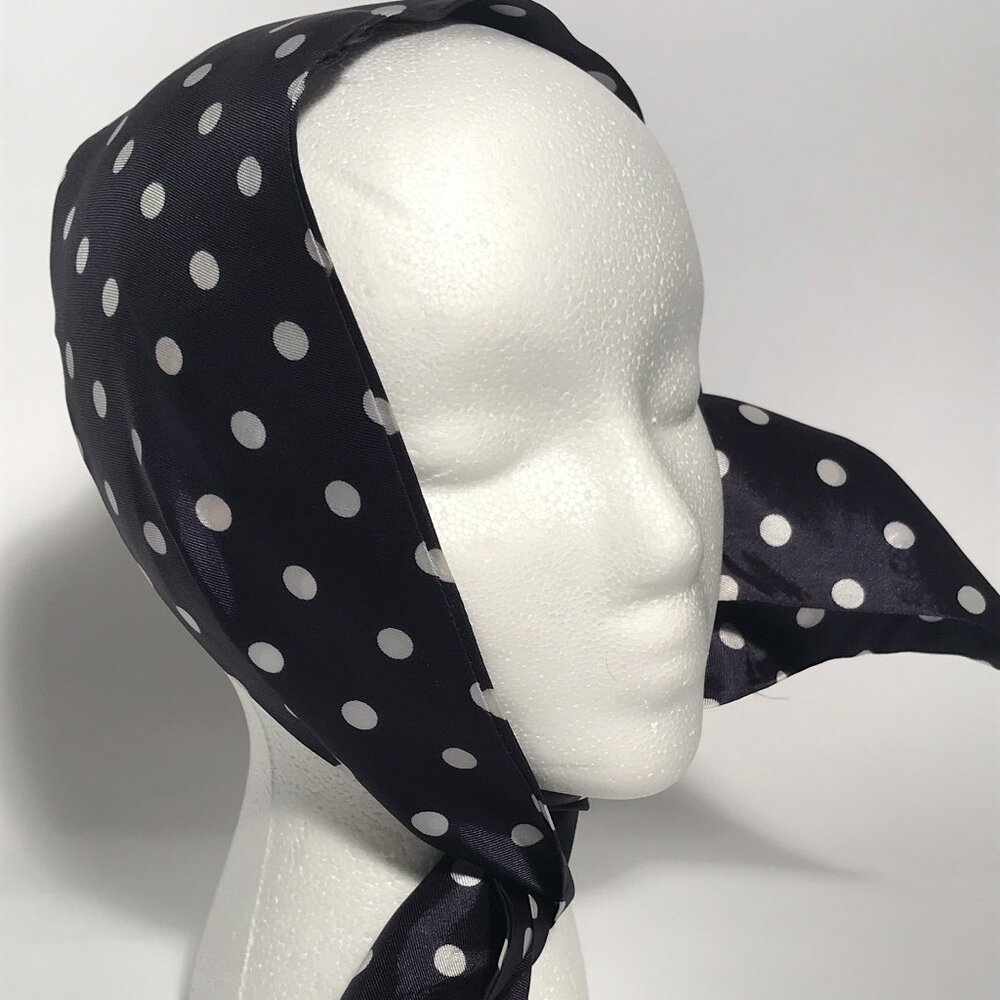 Vintage Blue White Polka Dot Long Floral Head Scarf